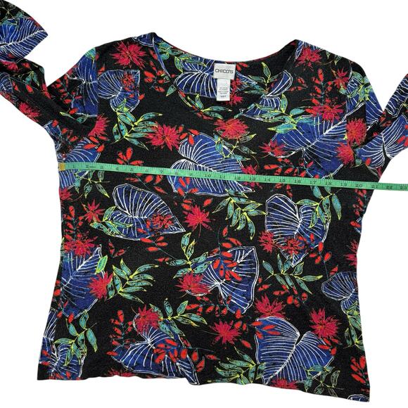 CHICOS Black Tropical Floral Rayon Blend 3/4 Sleeve Top Size Large (2) Pullover - Picture 7 of 11